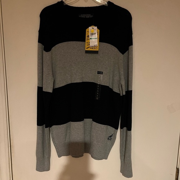 Mens Nautica Dark Blue and Gray Striped Crew Neck Sweater